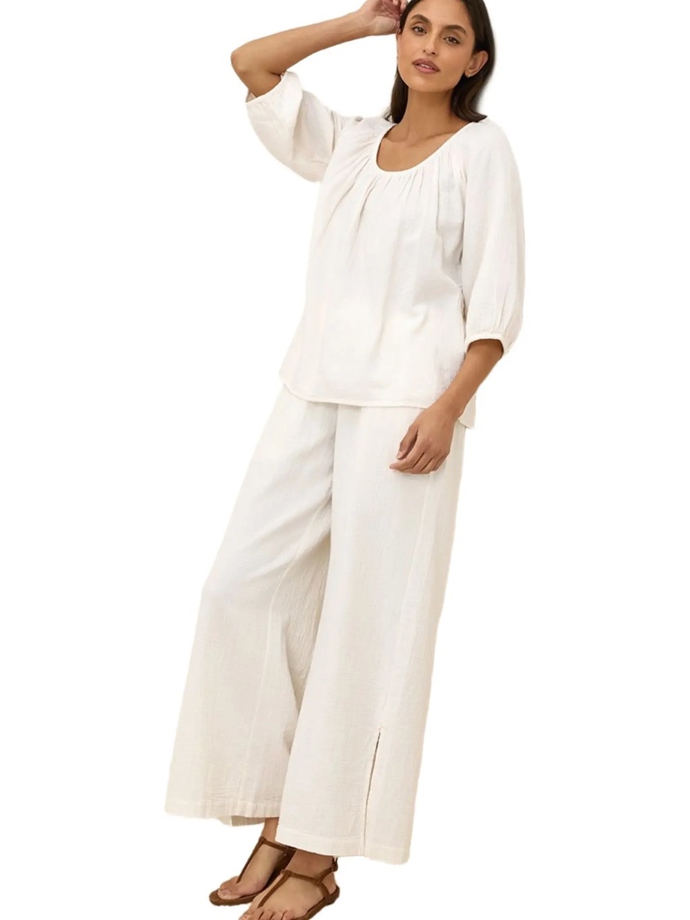 Organic cotton coastal gauze split hem pant ‘sea salt’